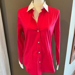 Limited, Hot Pink White Cuffed Fitted, Button Down Stretch blouse, Size Large